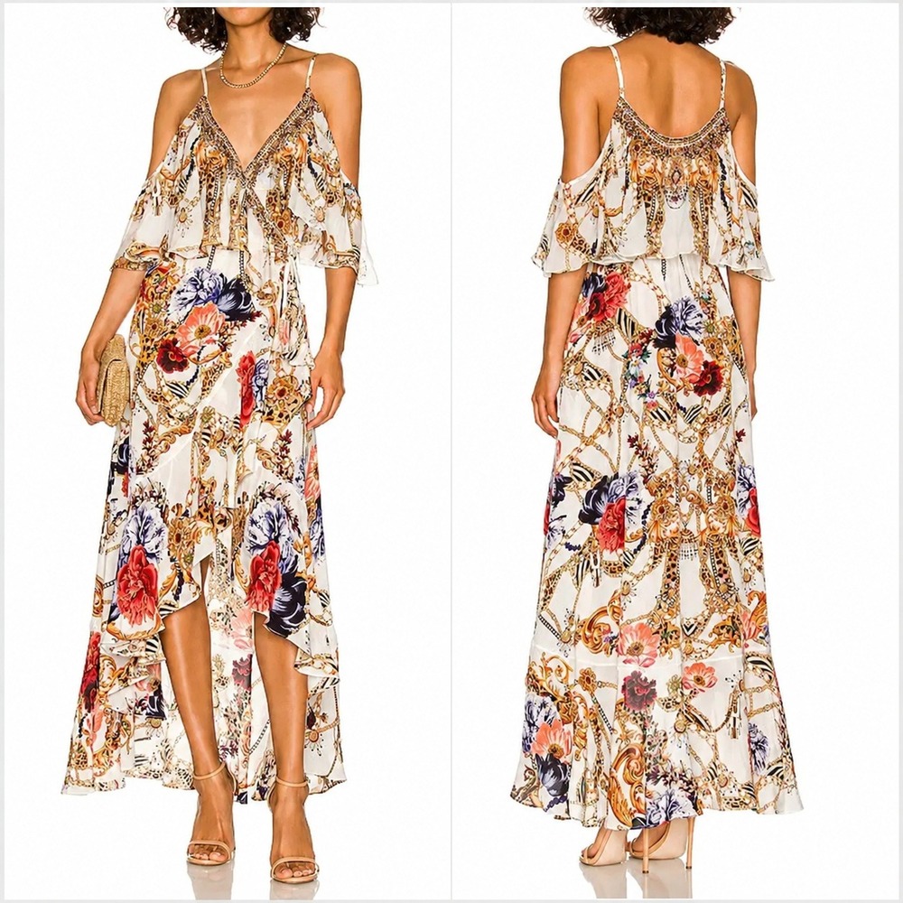 Camilla Ruffle Overlayer Wrap Dress in Reign Supreme Floral- Large 100% Silk NWT